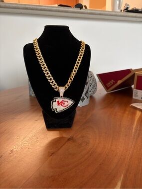 Iced Out Kansas City KC Chiefs Pendant with gold tone Necklace